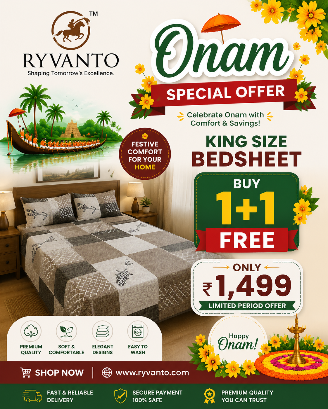 Bedsheet King Size -Onam Special Offer (1+1) Rs.1499 Only