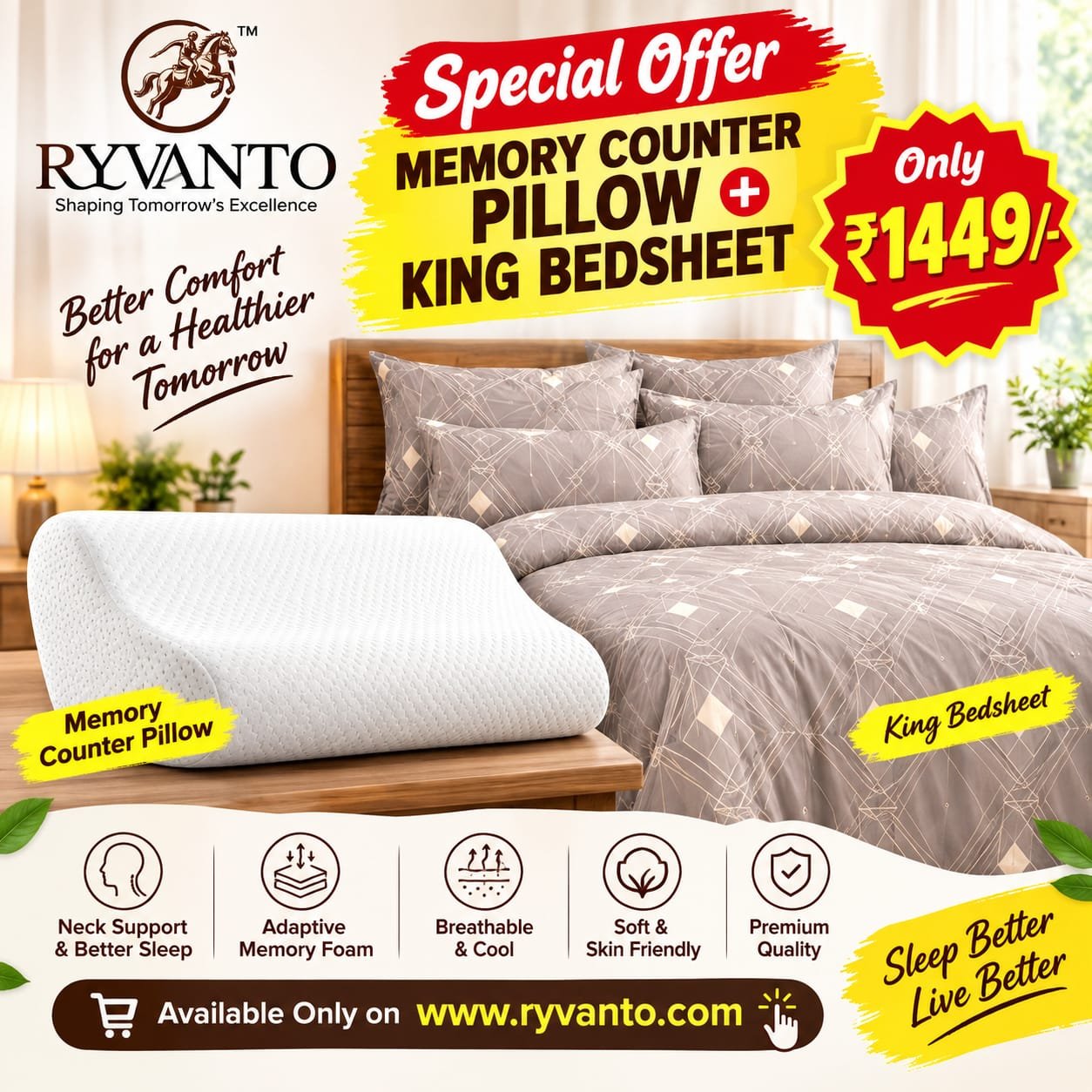 Combo Offer - Bed Sheet & Memory Foam Contour Pillow 1+1 Rs.1499/-