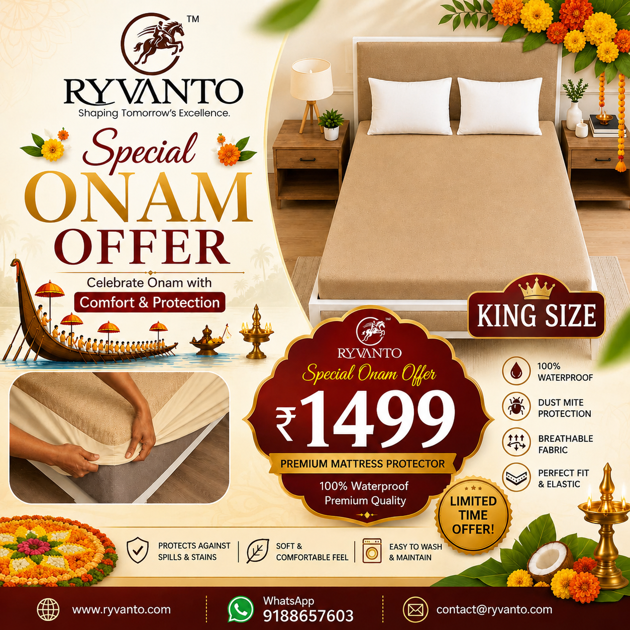 Mattress Protector King Size- Onam Special Offer Waterproof Fitted Terry Cotton Rs.1499 (1+1)