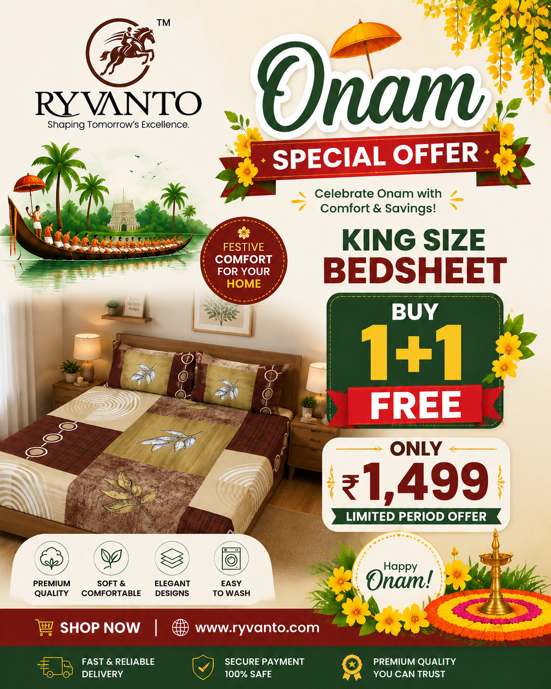 Bedsheet King Size -Onam Special Offer (1+1) Rs.1499 Only